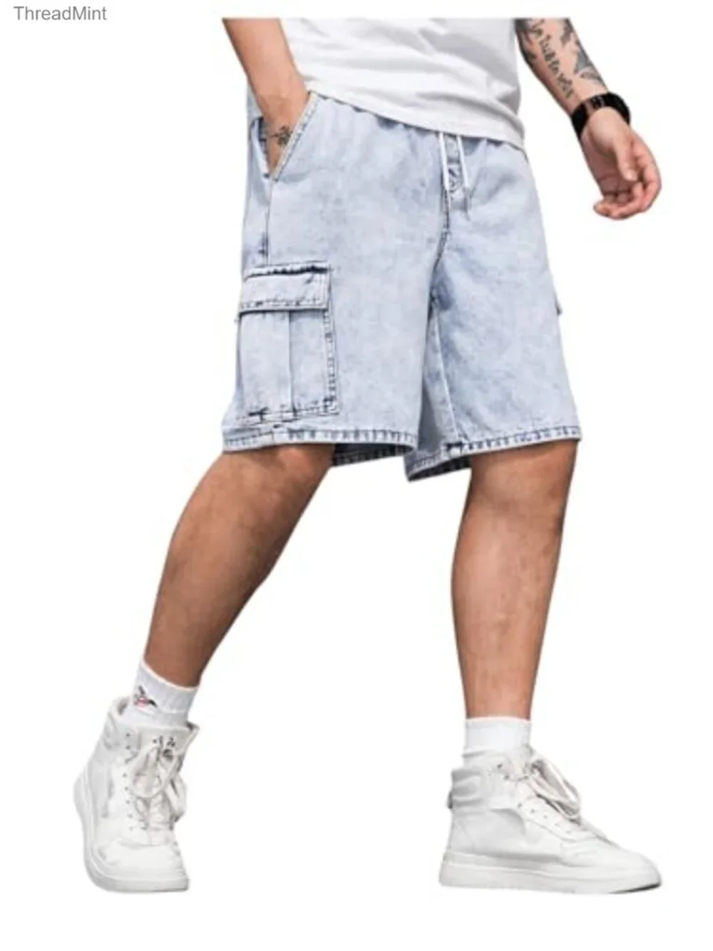 Men's Drawstring Cargo Jean Shorts with Flap Pockets, Loose Fit, Casual
